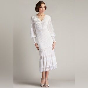 new Tadashi Shoji Nyssa bishop sleeve lace detailed midi dress in white petal
